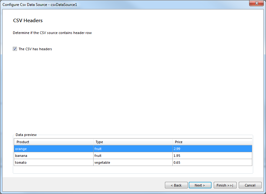 CSV Headers dialog of the CsvDataSource Wizard of the Report Designer