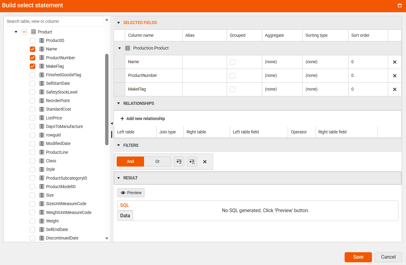 The Graphical SQL Query Builder Form of the Web Report Designer ><