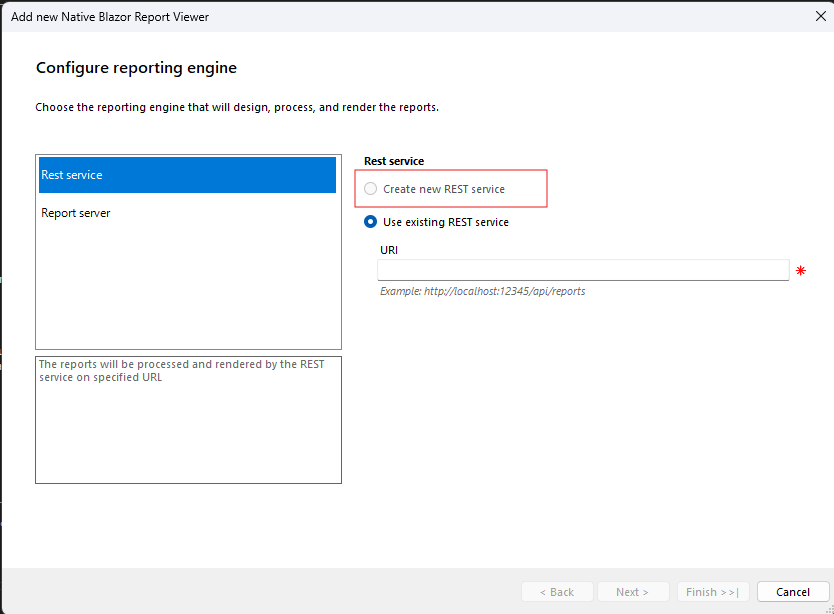 The "Create new REST service" option is greyed
