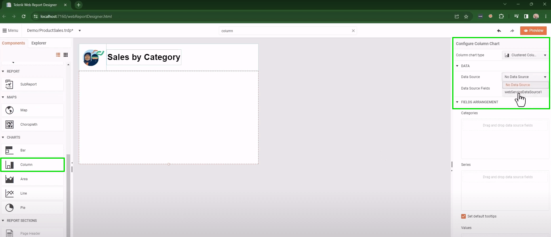 Configuring the Column Chart in the web report designer.