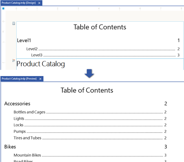 A Preview image of how the TOC section appears in Design and in Run time