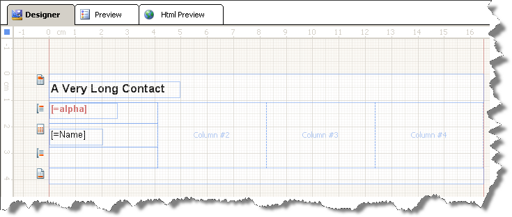 A report in design time in Visual Studio Report Designer with four columns and the above settings
