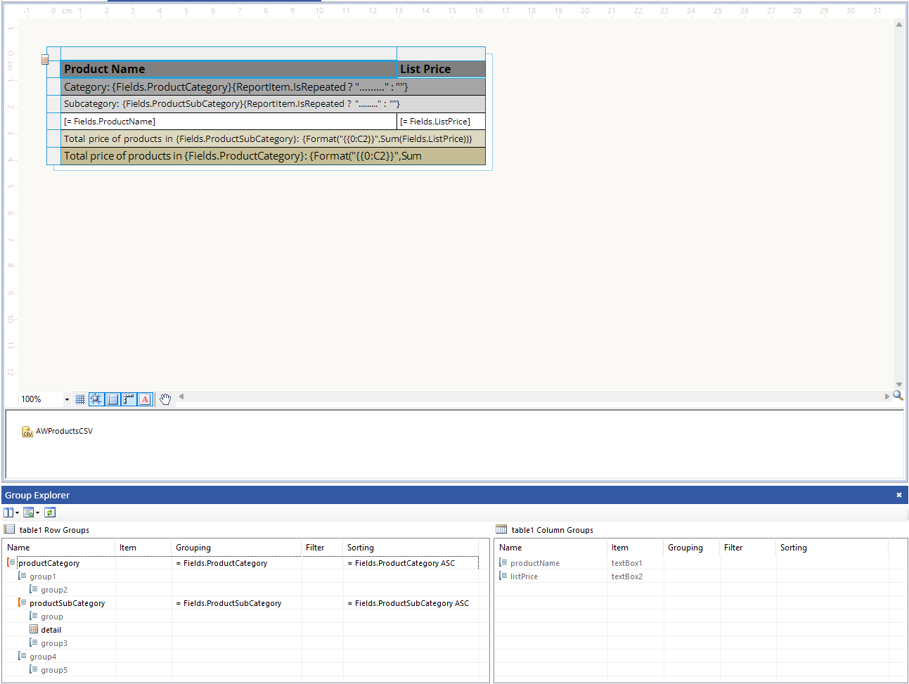 A screenshot of the Group Explorer of the Standalone Report Designer in Extended Mode, and a table selected in the design view.