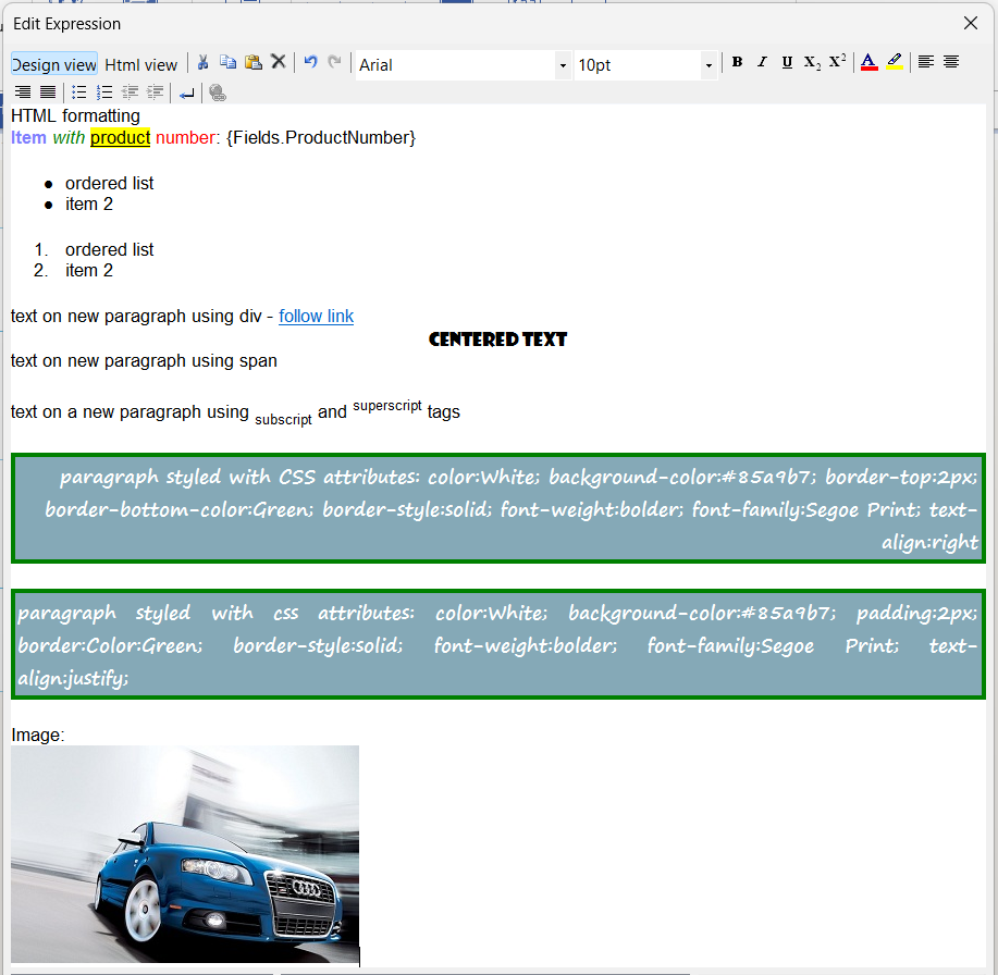 The HtmlTextBox Editor Design View