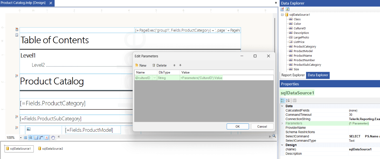 Linking a SqlDataSource parameter with Report Parameter in the sample Report 'ProductCatalog.trdp' in the Standalone Report Designer.