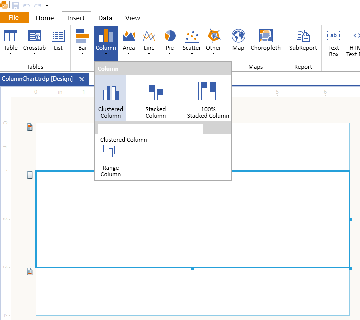 Adding the Telerik Reporting Column Chart Wizard from the Insert Menu Item of the Standalone Report Designer