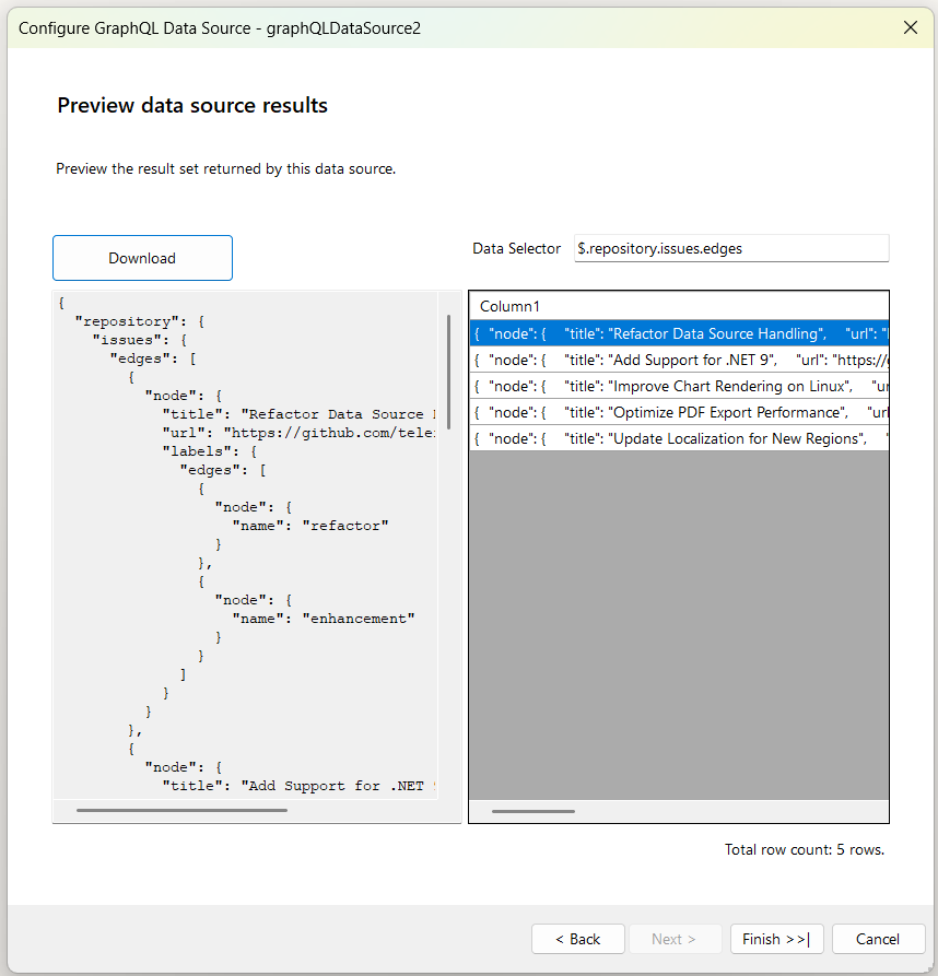 "Preview data source results" window of the GraphQLDataSource Wizard. On the left, there is a "Download" button, responsible for displaying the data. On the right, there is a text box allowing you to configure the JSONPath data selector to further filter the result.