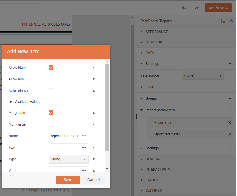 The Add New Item editor of the Web Report Designer for editint Report Parameter properties