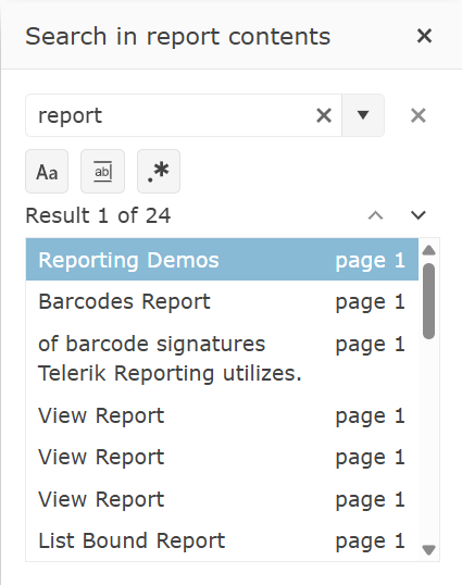 The search dialog in the Html5 Report Viewer showing results found for the word 'report'
