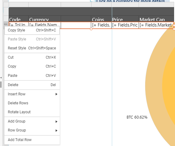 The Table Row Context Menu of the Web Report Designer which lets you act over the selected table row.
