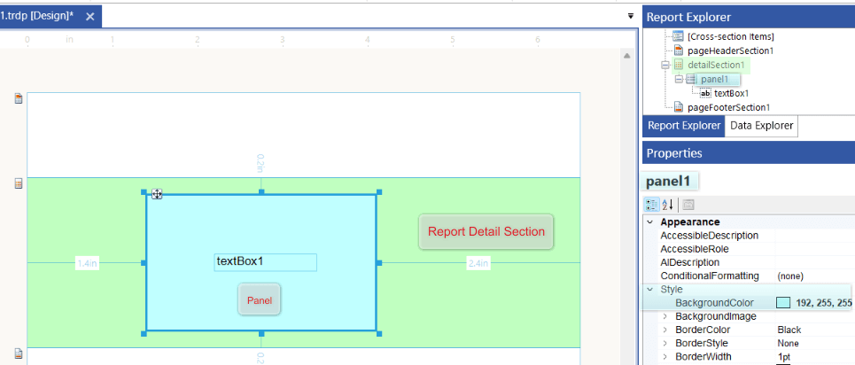 Report with detail section in light green and a panel in light blue in the Standalone Report Designer.