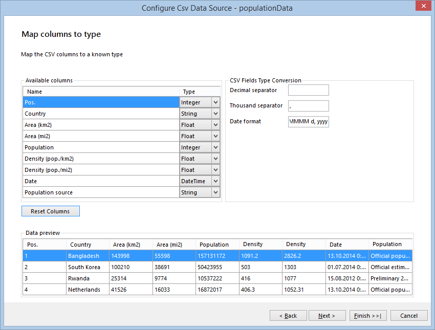 Map the CSV Columns To known Types in the Configure CSV Data Source page of the Choropleth wizard of the Report Designer