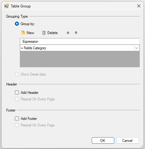Table Group Dialog showing Group By section with the expression "= Fields.Category".