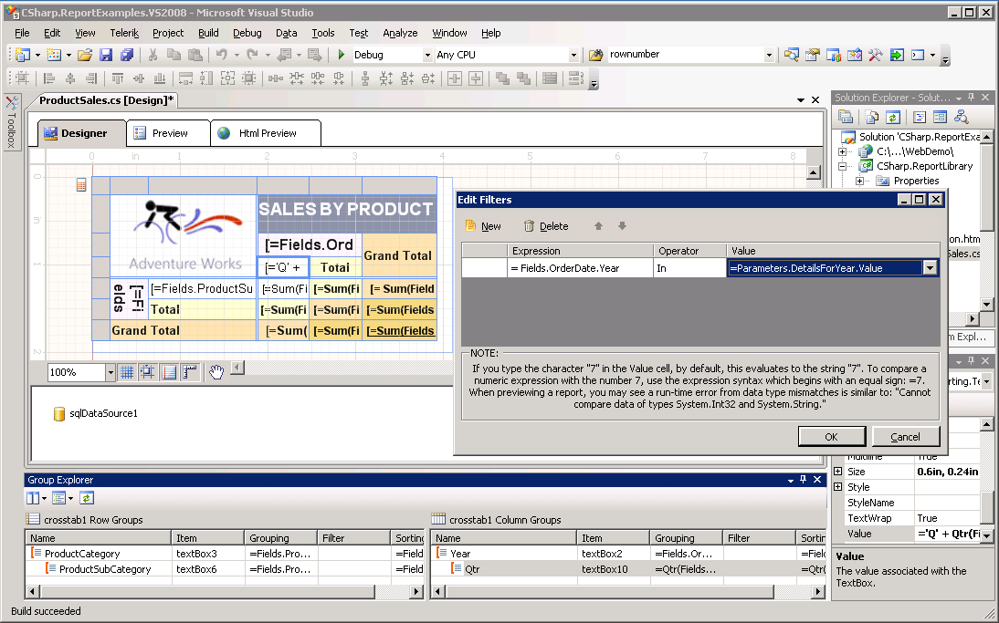 Set Filter to the Column group Qtr of the Crosstab in the Visual Studio Report Designer