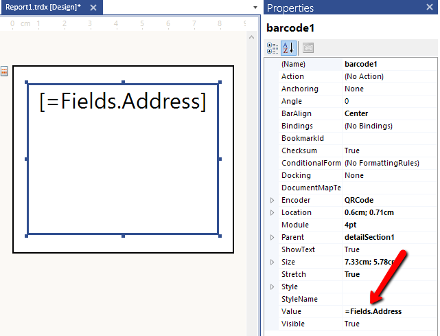 Configure the Value Property of a QR Barcode in the Report Designer