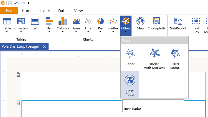 Adding the Telerik Reporting Rose Radar Chart Wizard from the Insert Menu Item of the Standalone Report Designer