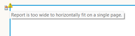 Warning triangle in the Standalone Report Designer with the tooltip explaining that the report is too wide.