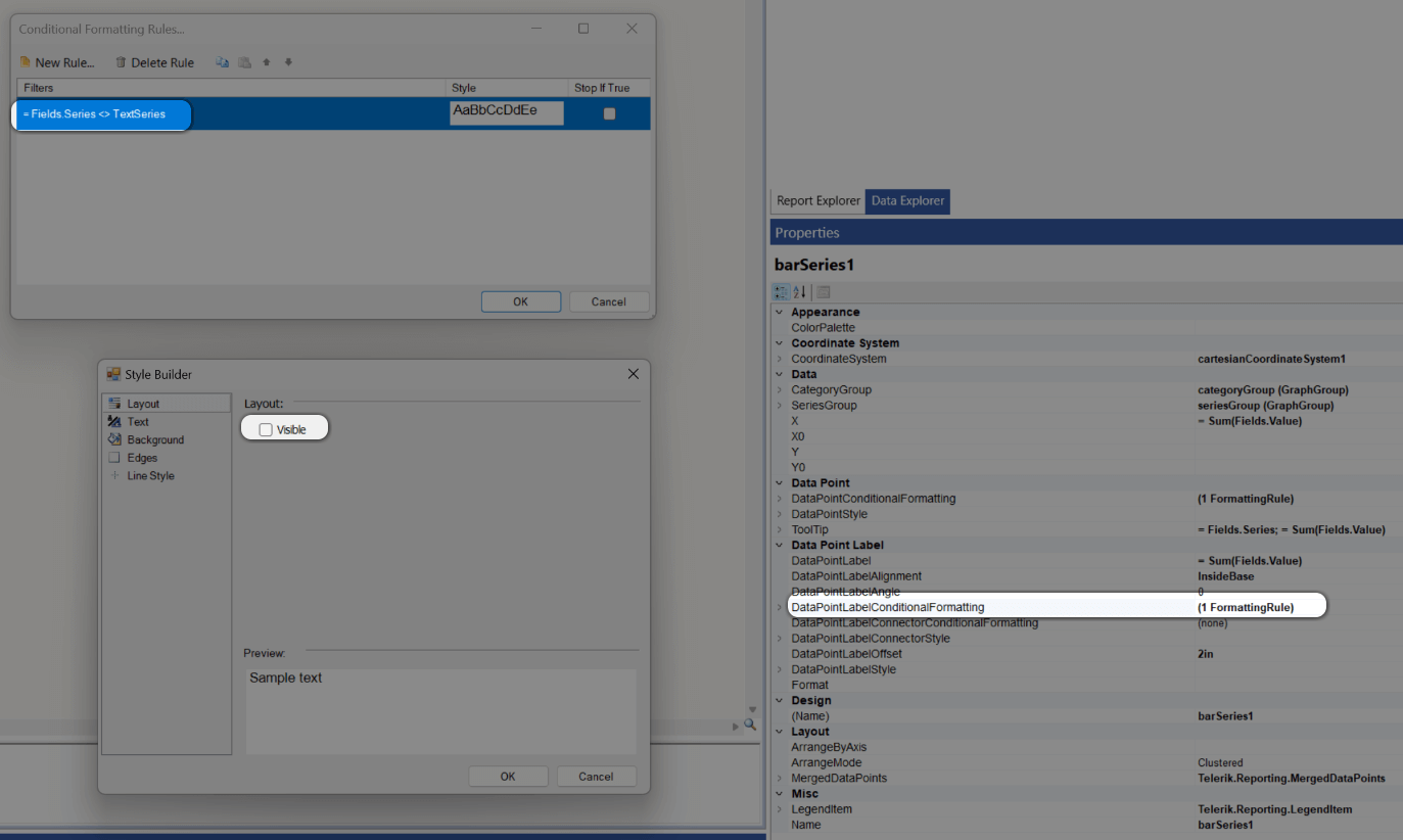 Hide the DataPointLabel of the main series with Conditional Formatting in the Standalone Designer.