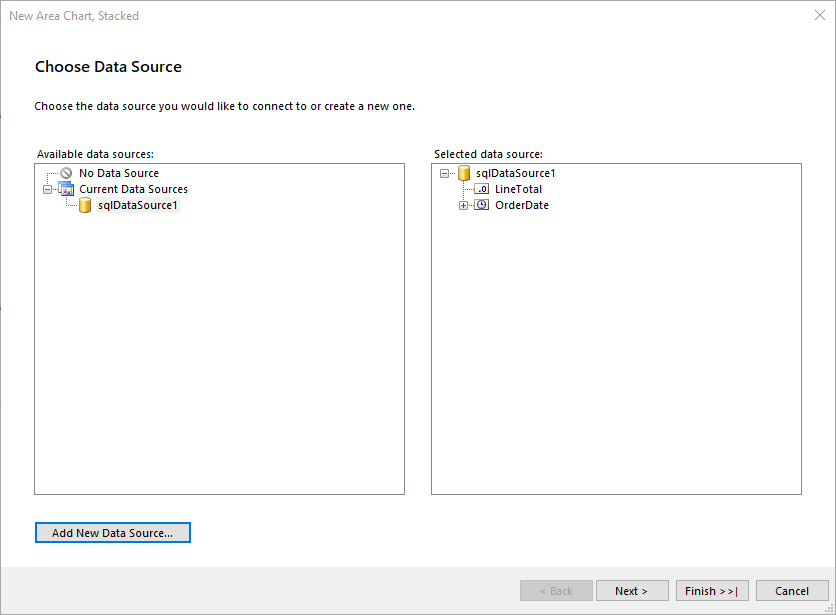 Add DataSource to the Area Chart with the Wizard of the Standalone Report Designer