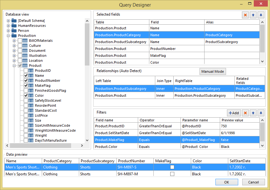 The Graphical SQL Query Designer Form of the Standalone Report Designer