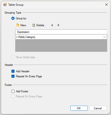 Table Group Dialog showing Add Header and Repeat On Every Page options