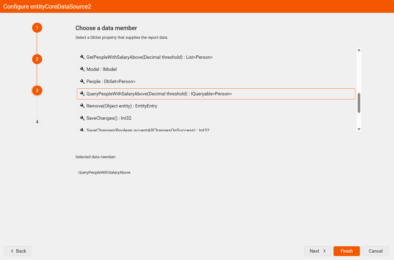 "Choose a context member" wizard page of the EntityCoreDataSource Wizard in the Web Report Designer listing the DbSet properties and methods exposed by the selected DbContext.