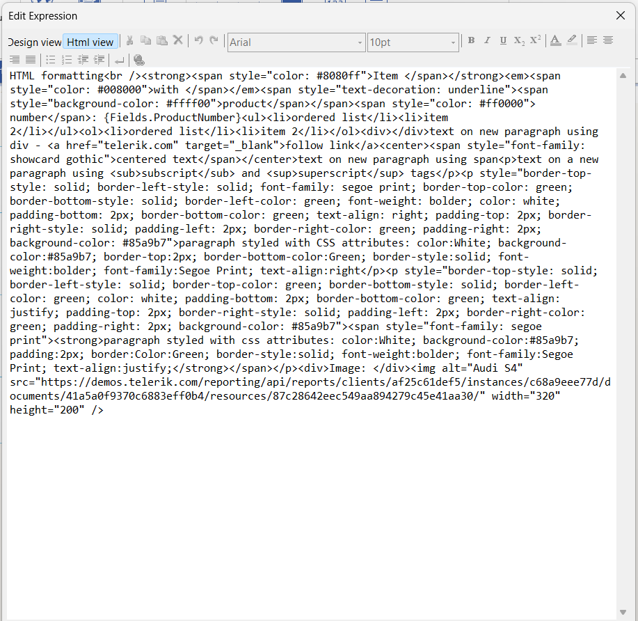 The HtmlTextBox Html View in the Expression editor of the Report Designer