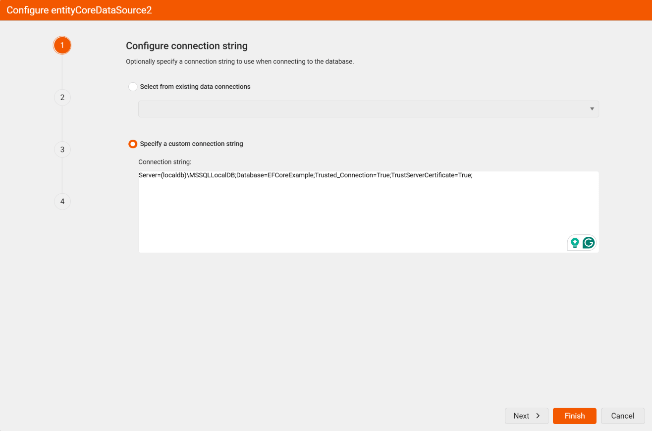 The 'Configure connection string' page of the Entity Framework Core Data Source Wizard in the Web Report Designer with a data connection.