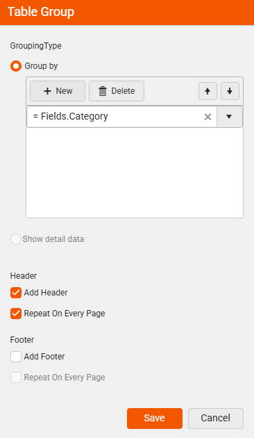 Table Group Dialog showing Add Header and Repeat On Every Page options