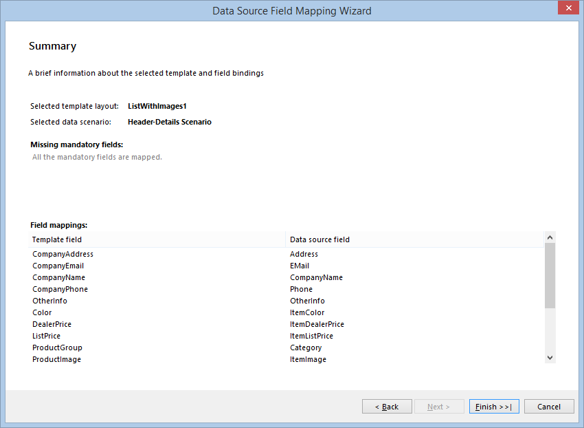 Summary page of the Product Catalog Wizard in the Designer