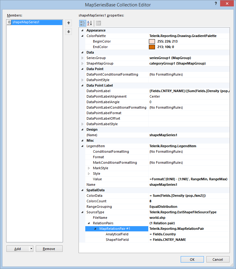 The Shape Map Series as configured in the MapSeriesBase Collection Editor of the Report Designer