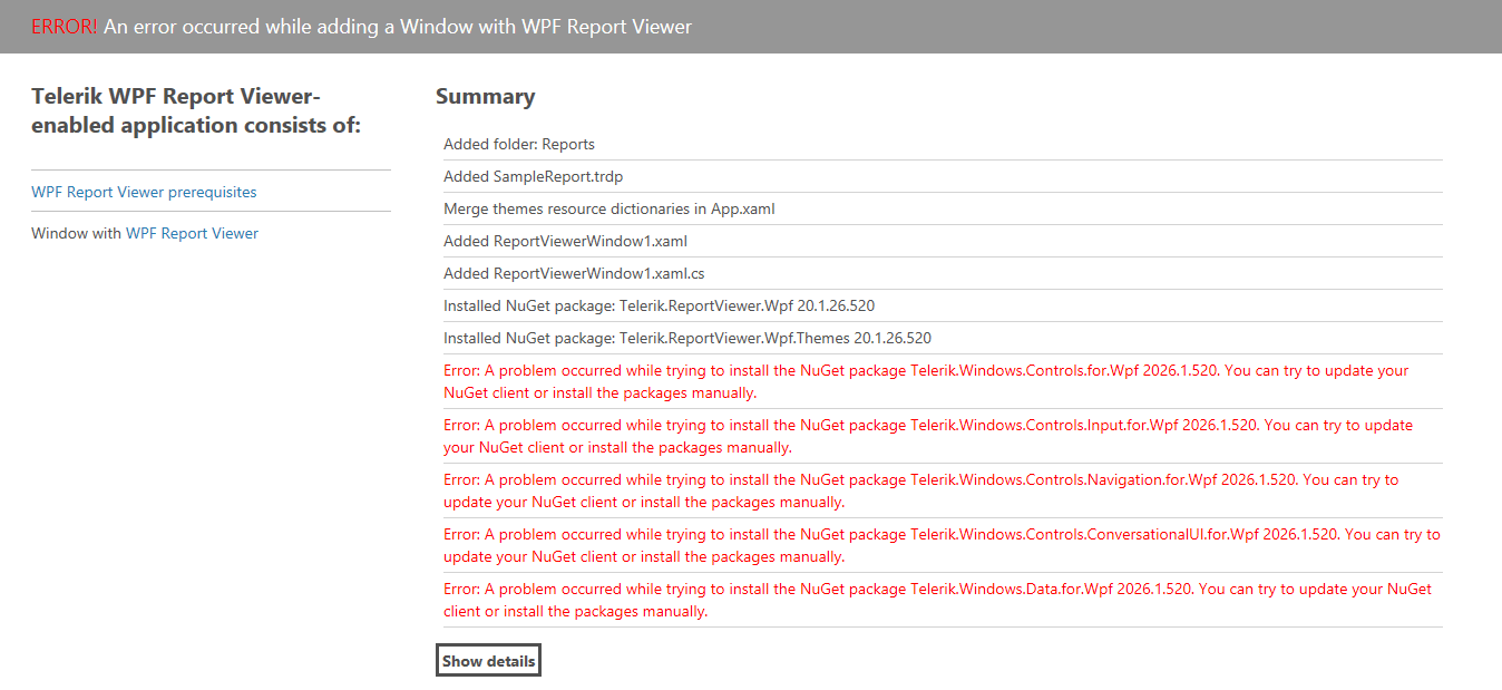 Error when adding the WPF Report Viewer 2026 Q2 to a .NET Framework WPF project via Item Template.
