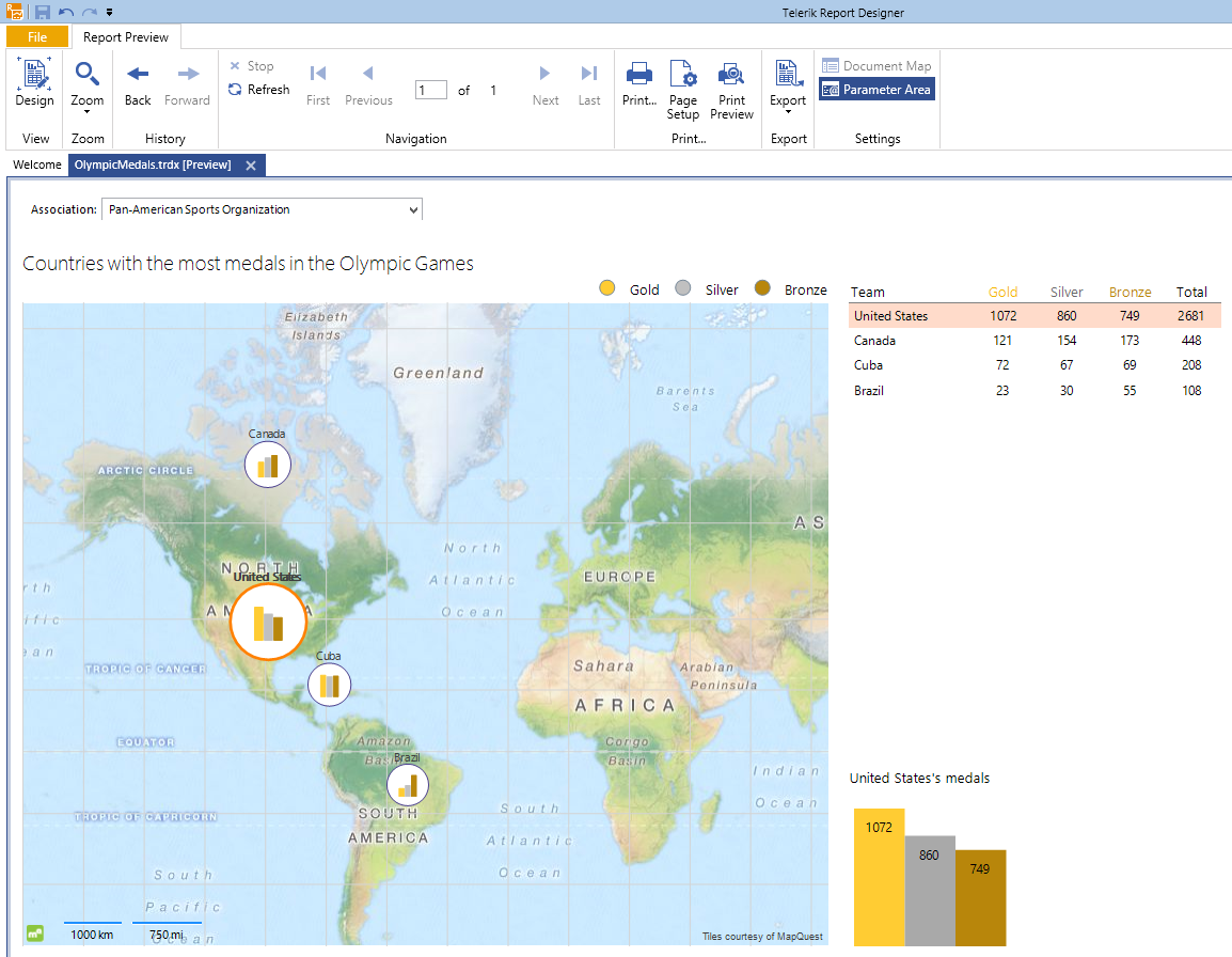 The Preview of the final Map Olympic Medals Report we just created in the Standalone Report Designer