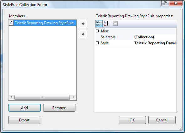 Image of the StyleRule Collection Editor window, showing the existing style rules and the properties of the currently selected style rule