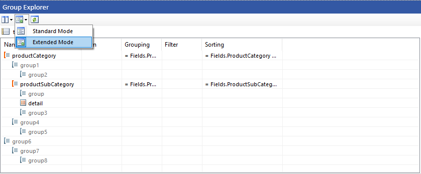 A screenshot of the Group Explorer of the Standalone Report Designer, highlighting the Extended Mode option.