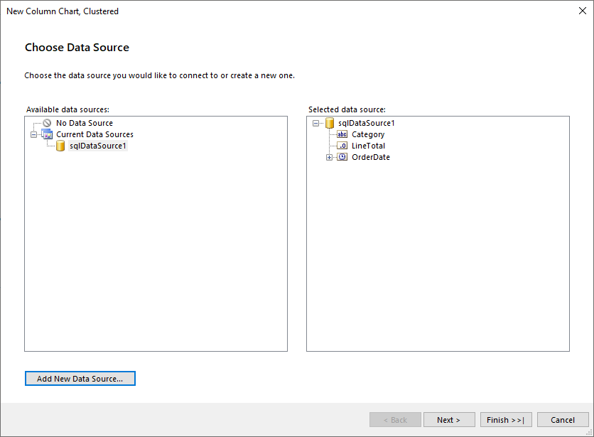 Add DataSource to the Column Chart with the Wizard of the Standalone Report Designer