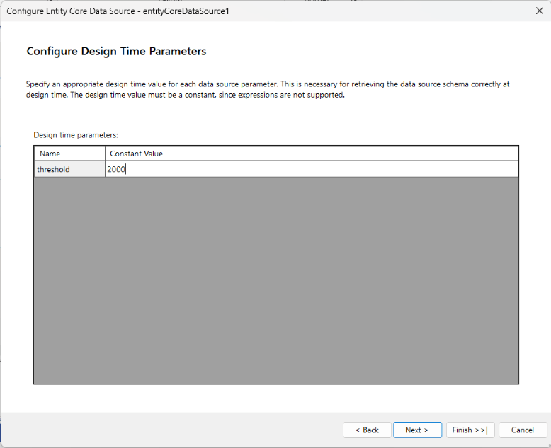 The optional 'Configure Design Time Parameters' page of the Entity Framework Core Data Source Wizard in the Standalone Report Designer for .NET.