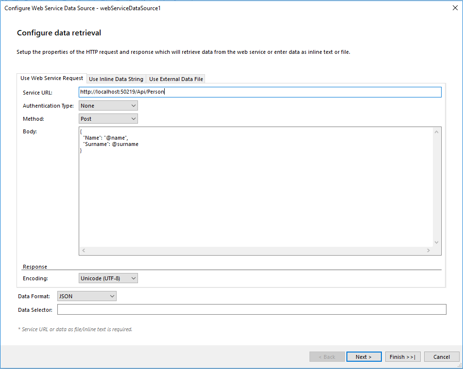 Configure Data Retrieval page of the Web Service DataSource wizard in the Standalone Designer with Body parameters Name and Surname