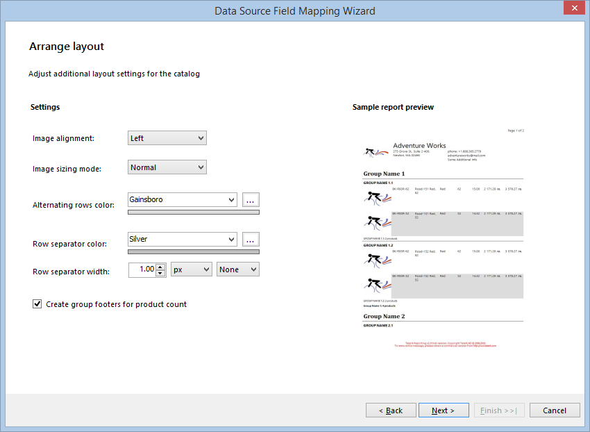 Arrange layout dialog of the Product Catalog Wizard in the Designer