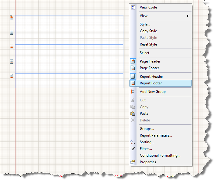 The context menu of the Report item that opens on right-click and lets you add a Report Header or Footer