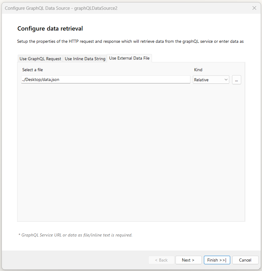 "Use External Data File" tab of the "Configure data retrieval" window of the GraphQLDataSource Wizard. Allows to select a path for the file and configure whether the path is absolute or relative.