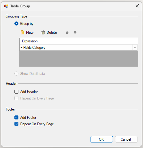 Table Group Dialog showing Add Footer and Repeat On Every Page options