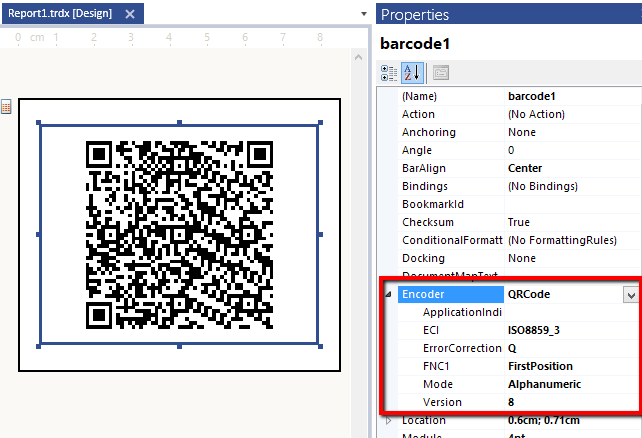 Configure the Encoder Property of a QR Barcode in the Report Designer