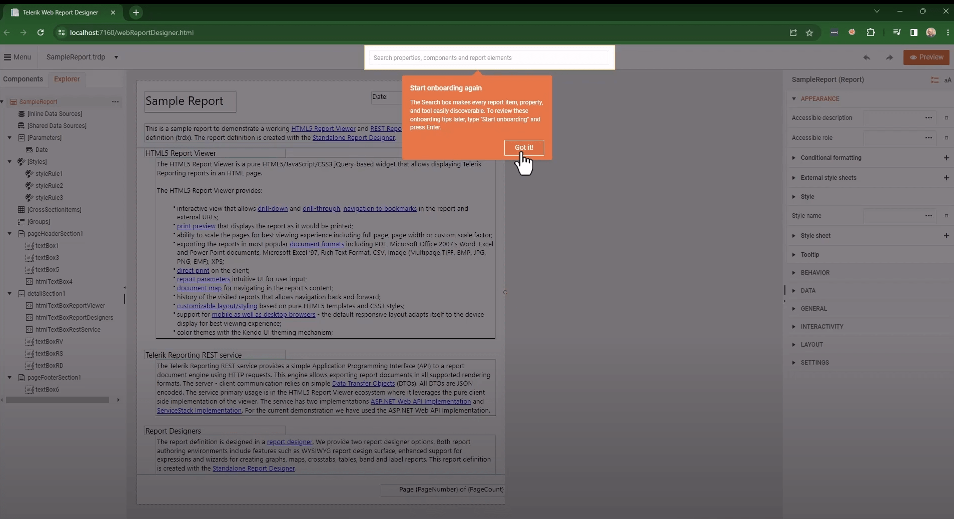 The web report designer onboarding guide on the last step describing the global Search box.
