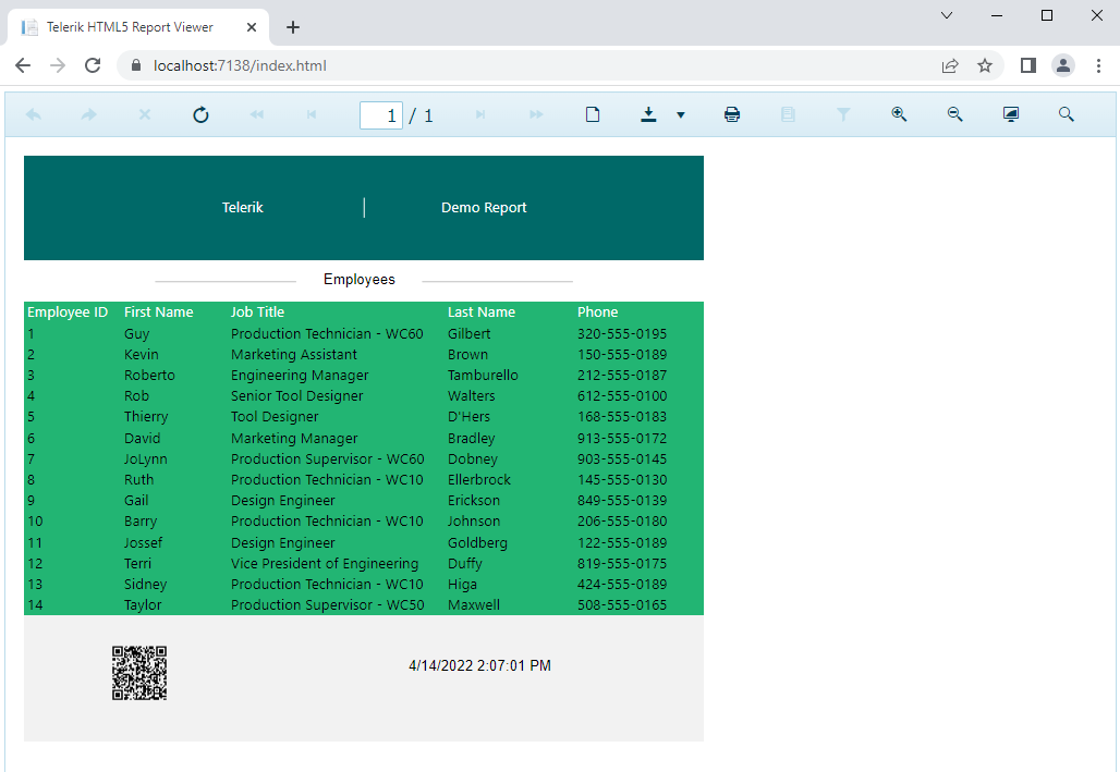 The Demo Report Previewed in the Report Viewer