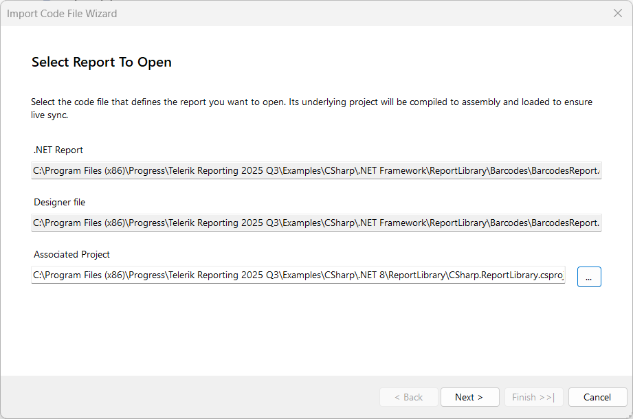 The first step of the Import Code File Wizard where the paths to the report files are shown.