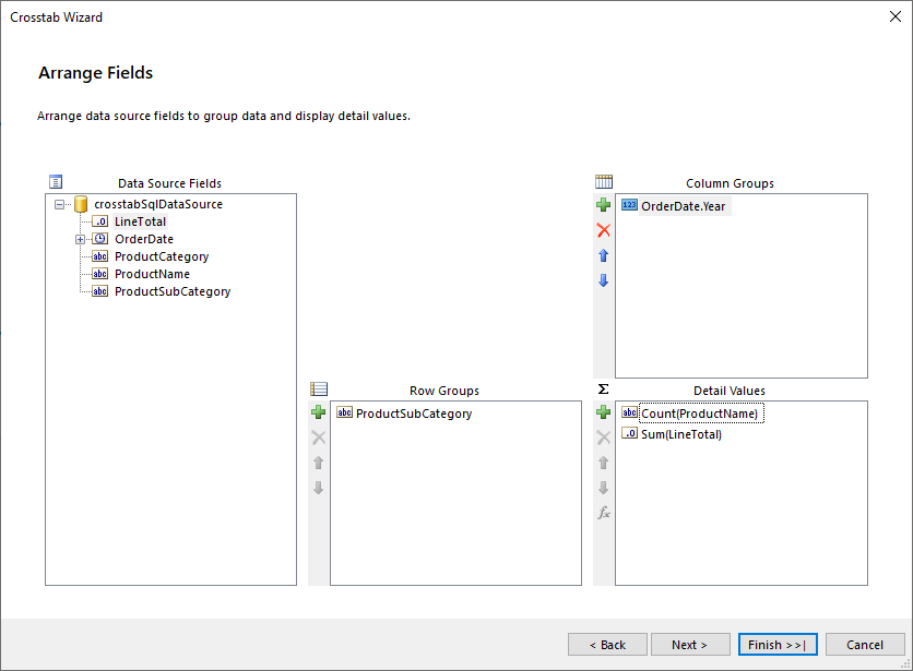 Arrange Row groups, Column groups and Detail values in the Crosstab Wizard of the Standalone Report Designer