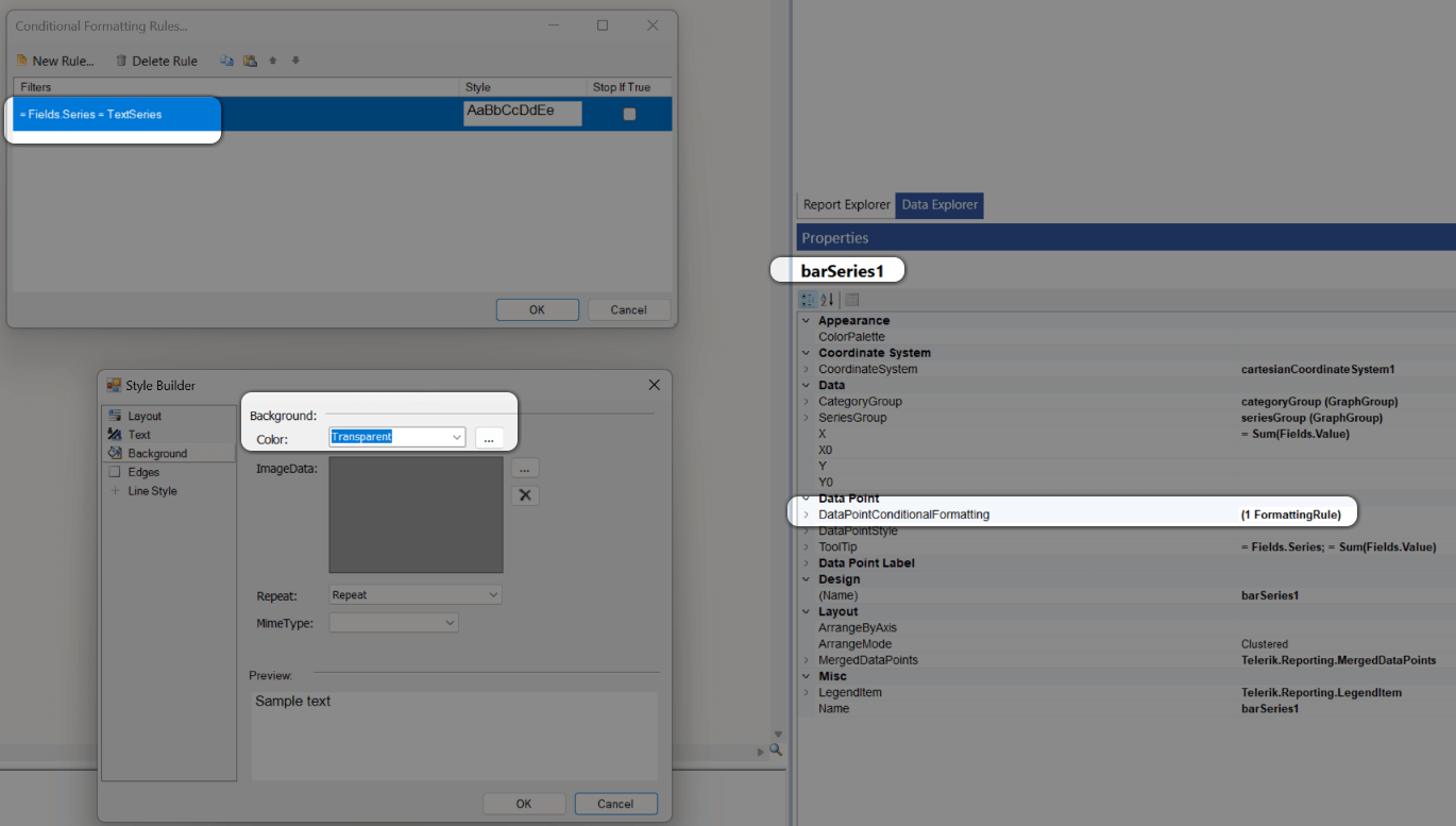 Set the BackgroundColor of the DataPoint of the dummy series to Transparent with Conditional Formatting in the Standalone Designer.