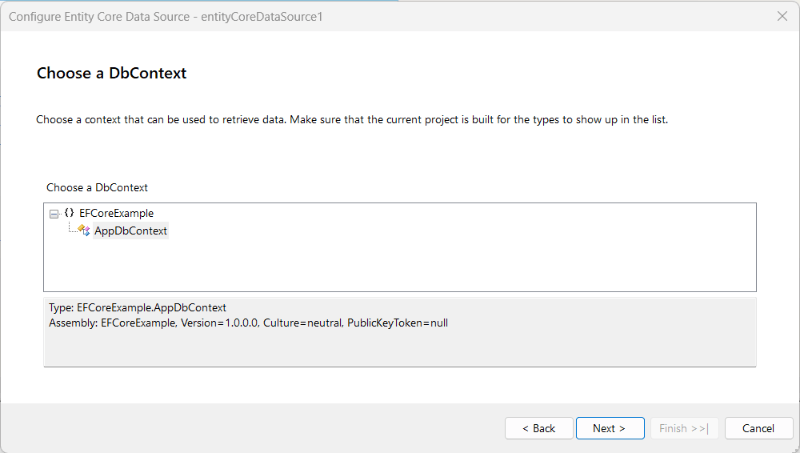 The 'Choose a DbContext' page of the Entity Framework Core Data Source Wizard in the Standalone Report Designer for .NET with a selected context.