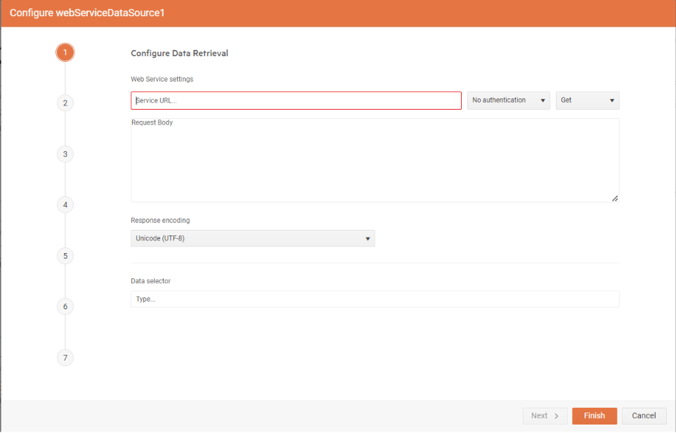 An image of the first step of the WebServiceDataSource Wizard in the Telerik Web Report Designer